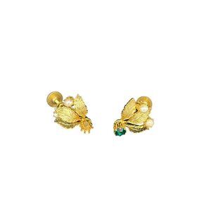 Vintage Gold Tone Leaf Pearl Screw Back Earrings Green Rhinestone Missing Stone